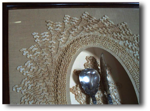 Shined silver , archival mats & 
sewn-mounted lace ...